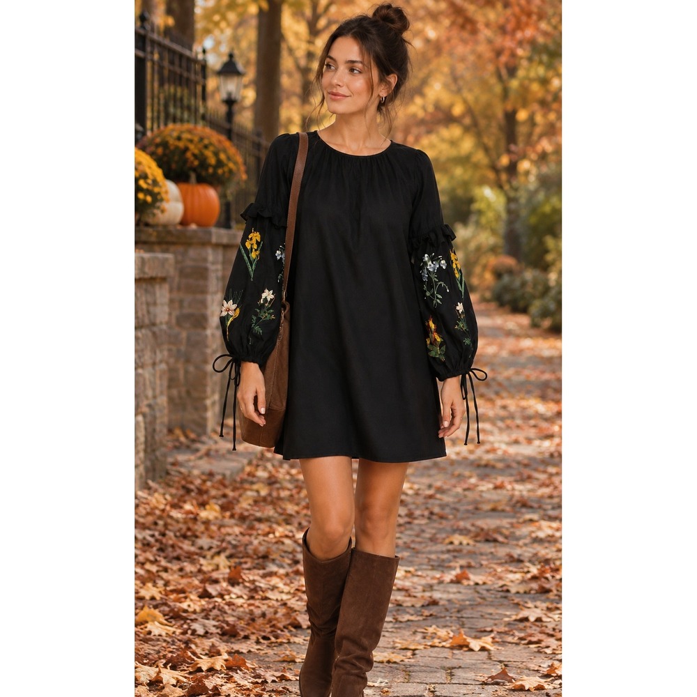 Black Embroidered Floral Sleeve Dress Boho Whimsigoth Cottagecore Fall Romantic